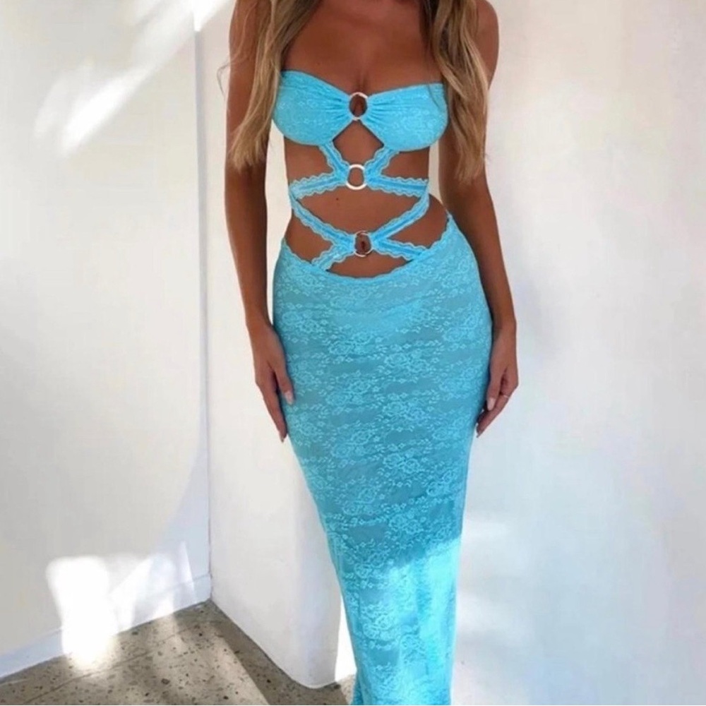 Outcast Blue Lace Strapless Maxi Dress